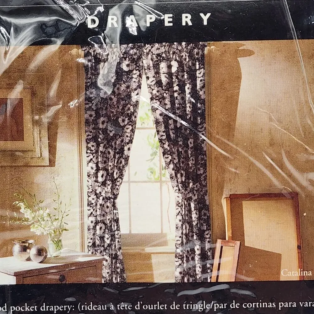 VTG Martex Catalina Black White Floral Rod Pocket Drapes Curtains 84x84 Tiebacks
